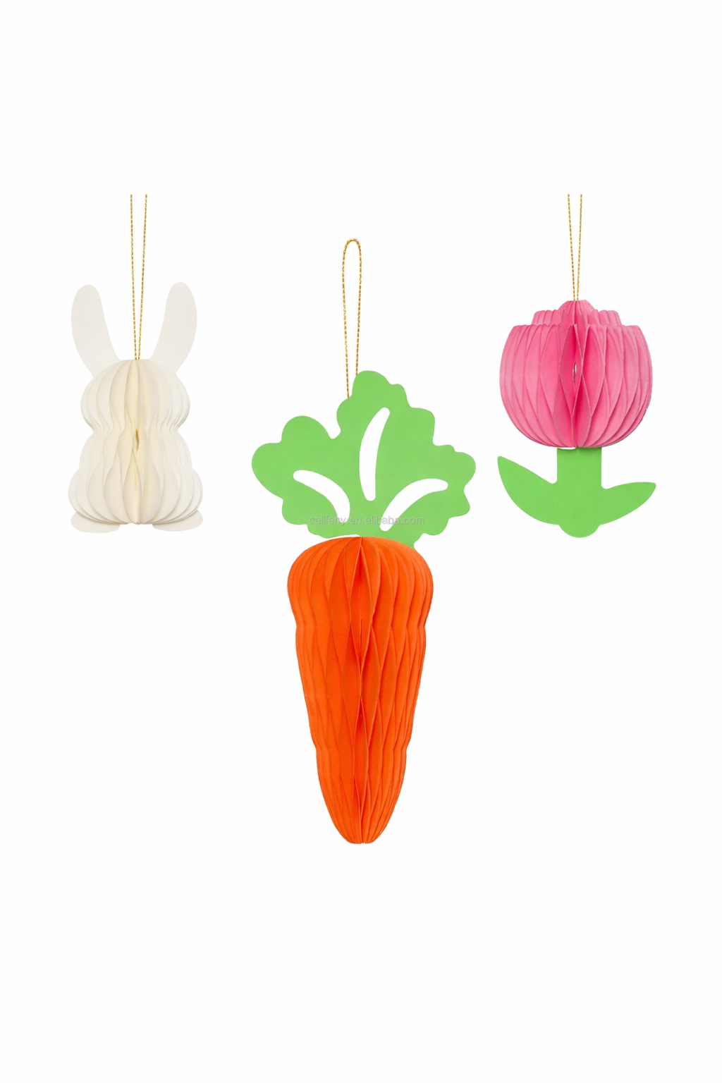 Honeycomb Easter Hanging Ornaments – 3D Bunny, Carrot & Tulip Paper Decorations Set