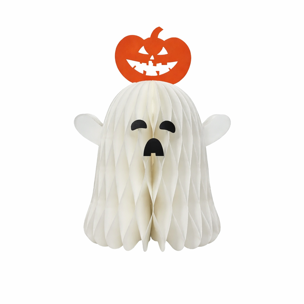 Honeycomb Ghost Decoration with Pumpkin Top – 3D Paper Halloween Table Décor