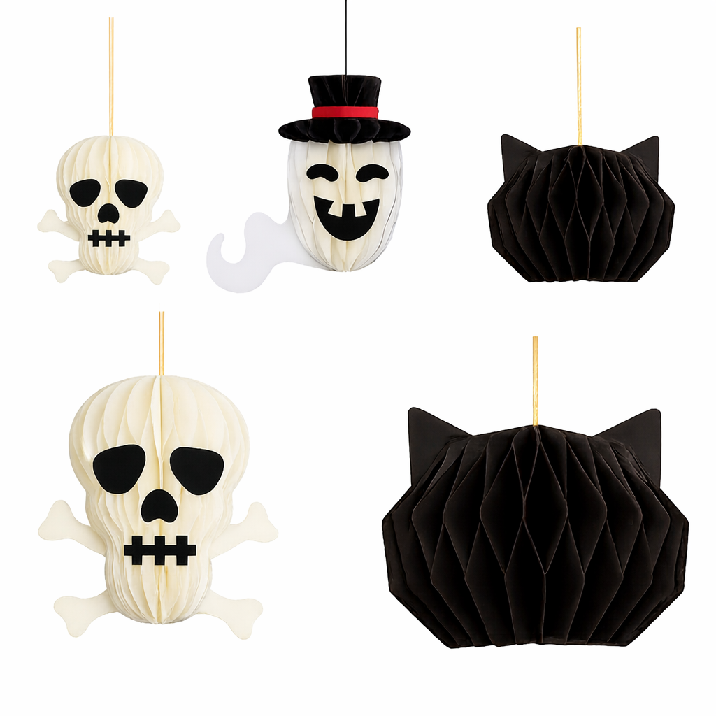 Honeycomb Halloween Hanging Decorations – 3D Skull, Ghost & Cat Paper Ornaments