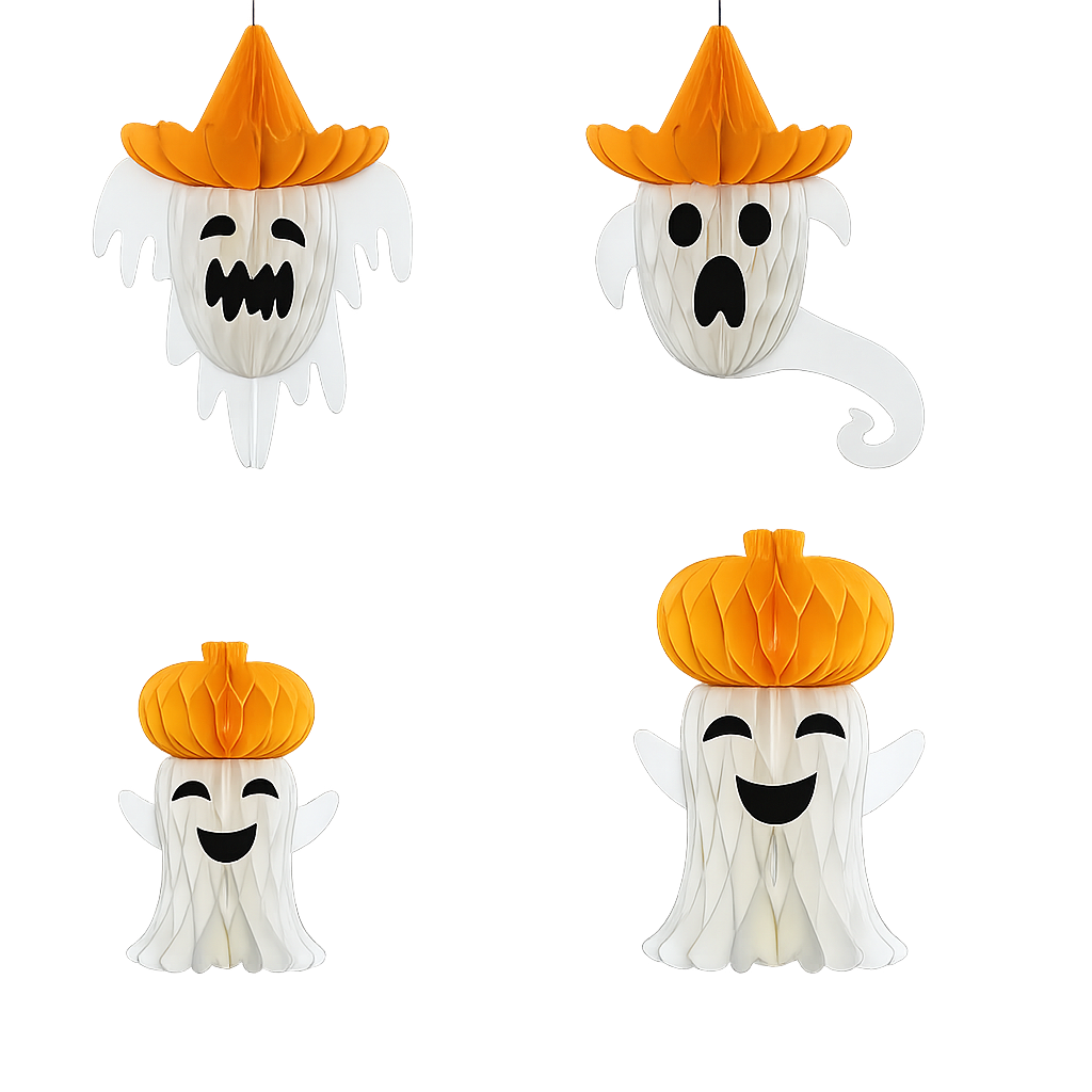 Honeycomb Ghost with Pumpkin Hat – 3D Paper Halloween Hanging & Table Decorations