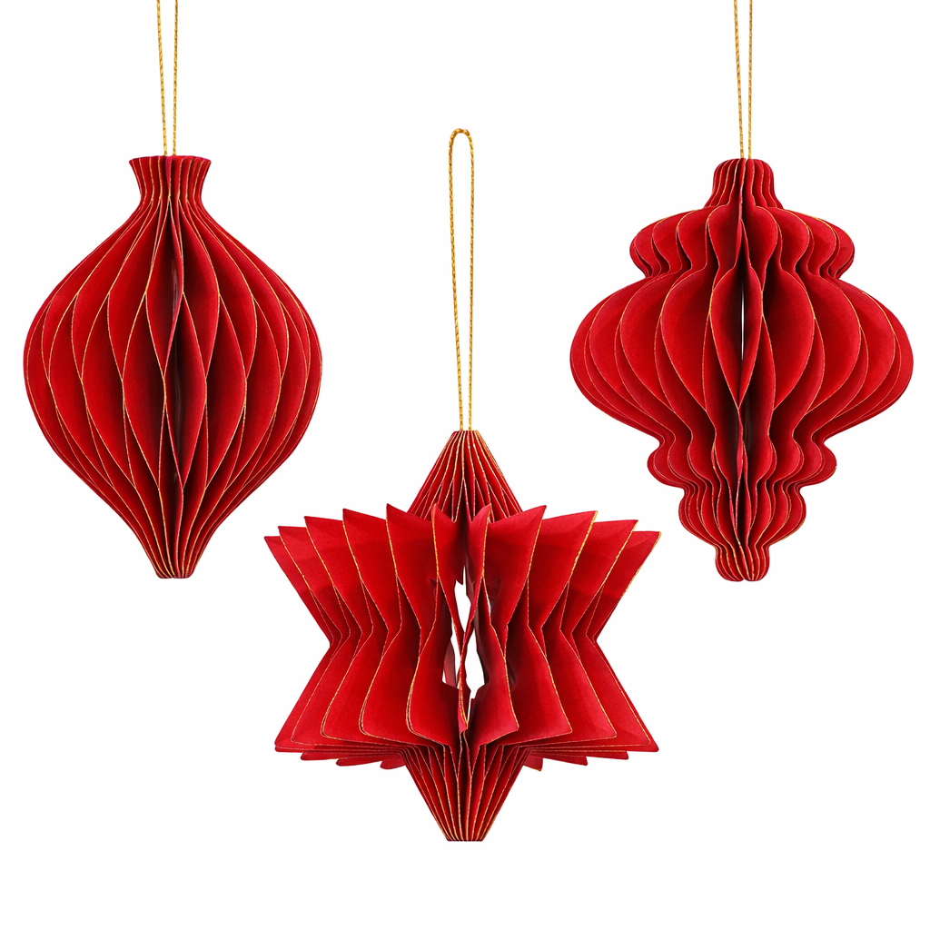 Premium Red Honeycomb Christmas Ornaments – 3D Paper Hanging Decoration Set (Assorted Shapes)
