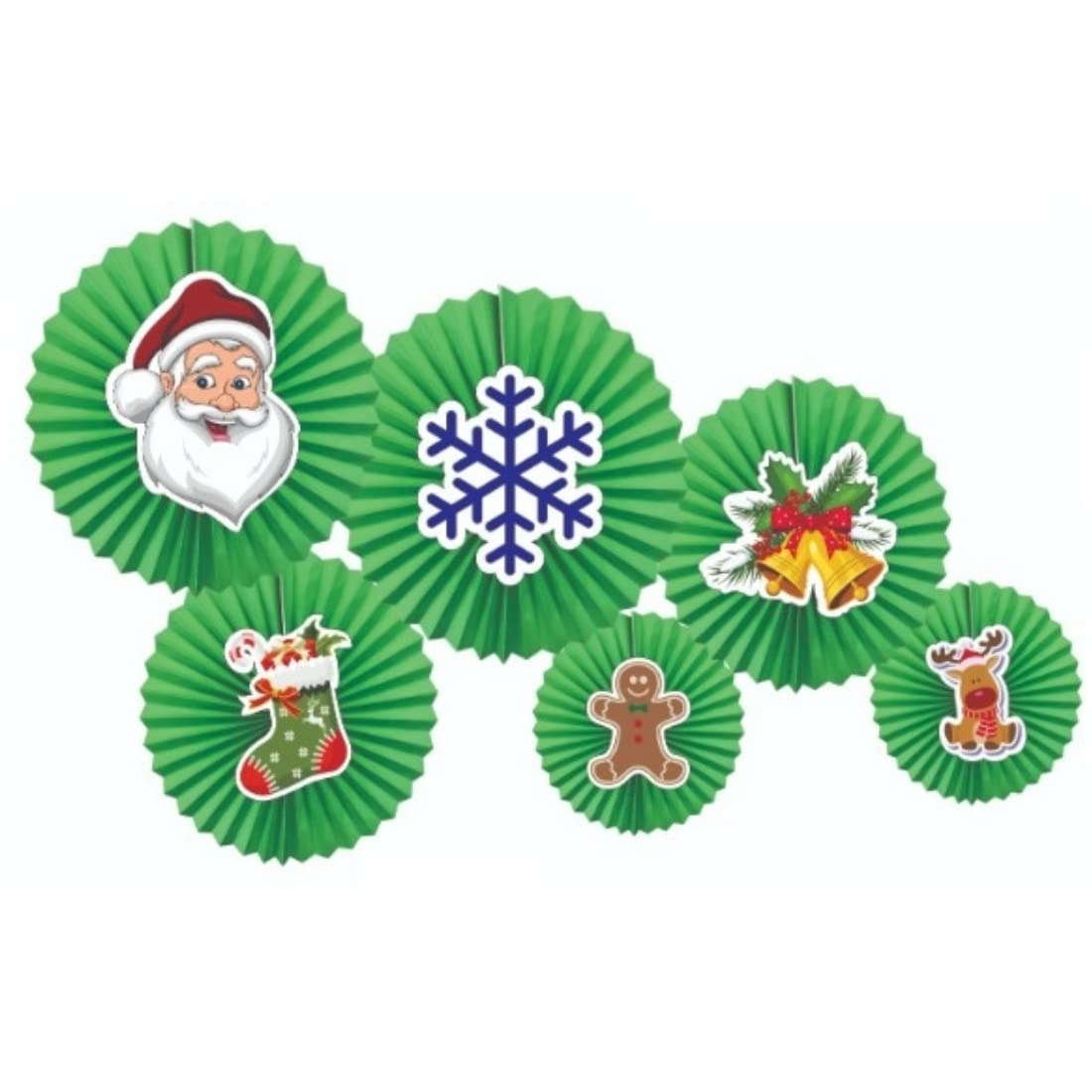 Christmas Paper Fan Decoration Set 6 – Santa, Snowflake & Holiday Theme Rosettes