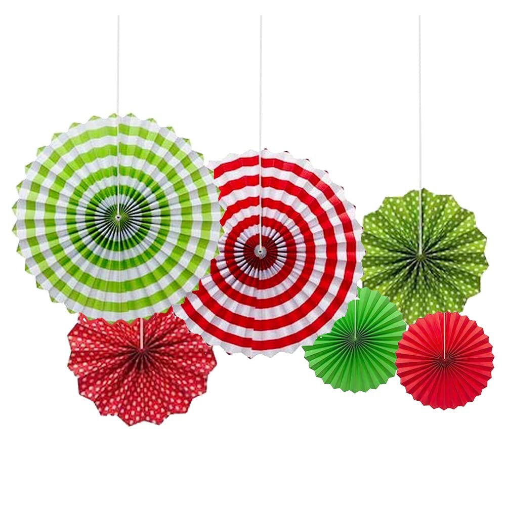 Christmas Paper Fan Hanging Decoration Set – Red & Green Striped Rosettes