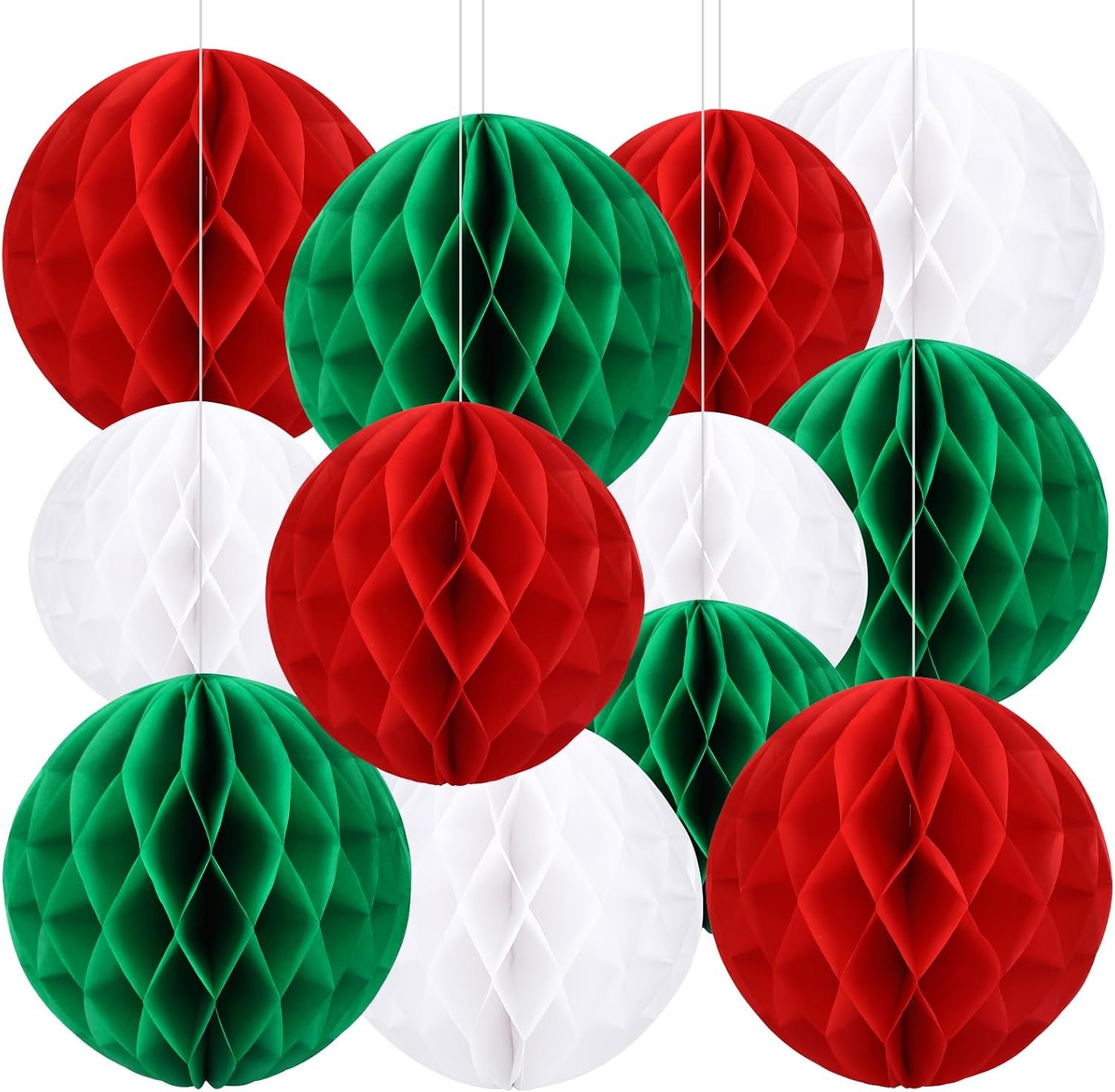Christmas Honeycomb Ball Hanging Decoration Set – Red, Green & White Paper Ornaments