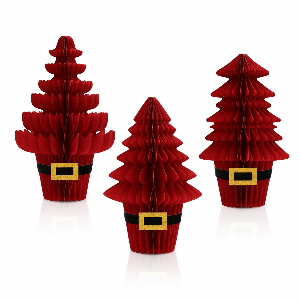 3D Red Christmas Tree Paper Decoration with Belt Base – Foldable Table Centerpiece