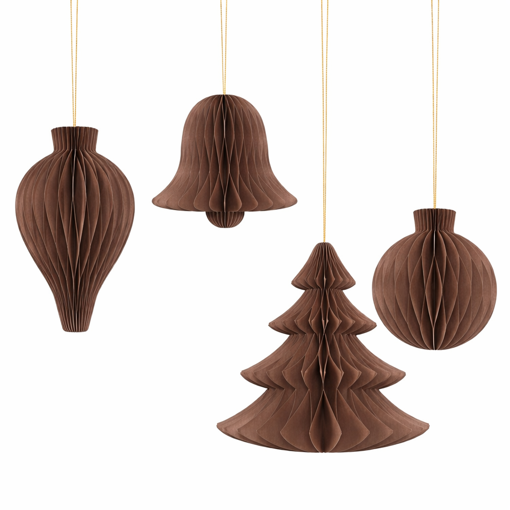 3D Brown Paper Hanging Christmas Ornament Set – Tree, Bell & Bauble Decorations