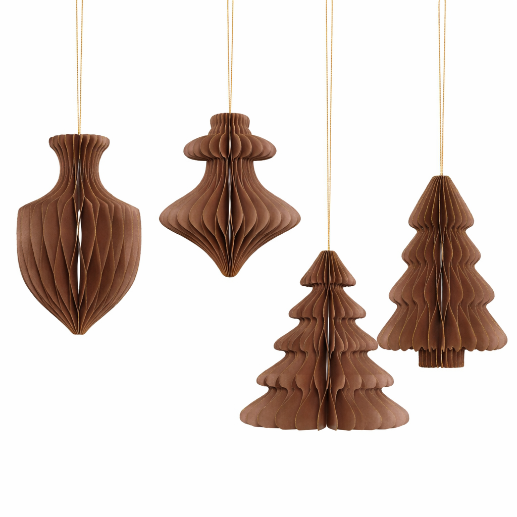 3D Brown Kraft Paper Hanging Christmas Ornament Set – Tree & Vintage Bauble Designs
