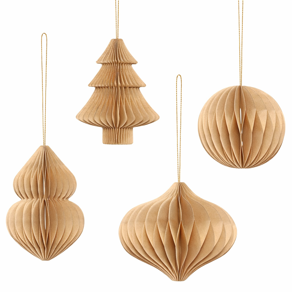 3D Natural Kraft Paper Hanging Christmas Ornament Set – Tree & Bauble Collection