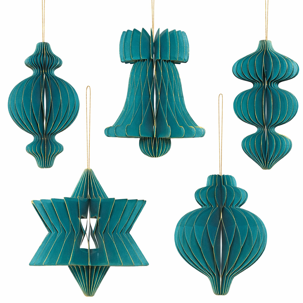 3D Teal & Gold Paper Hanging Christmas Ornament Set – Bell, Star & Bauble Designs
