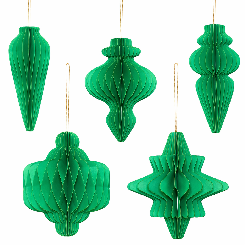 3D Green Paper Hanging Christmas Ornament Set – Star & Vintage Bauble Collection