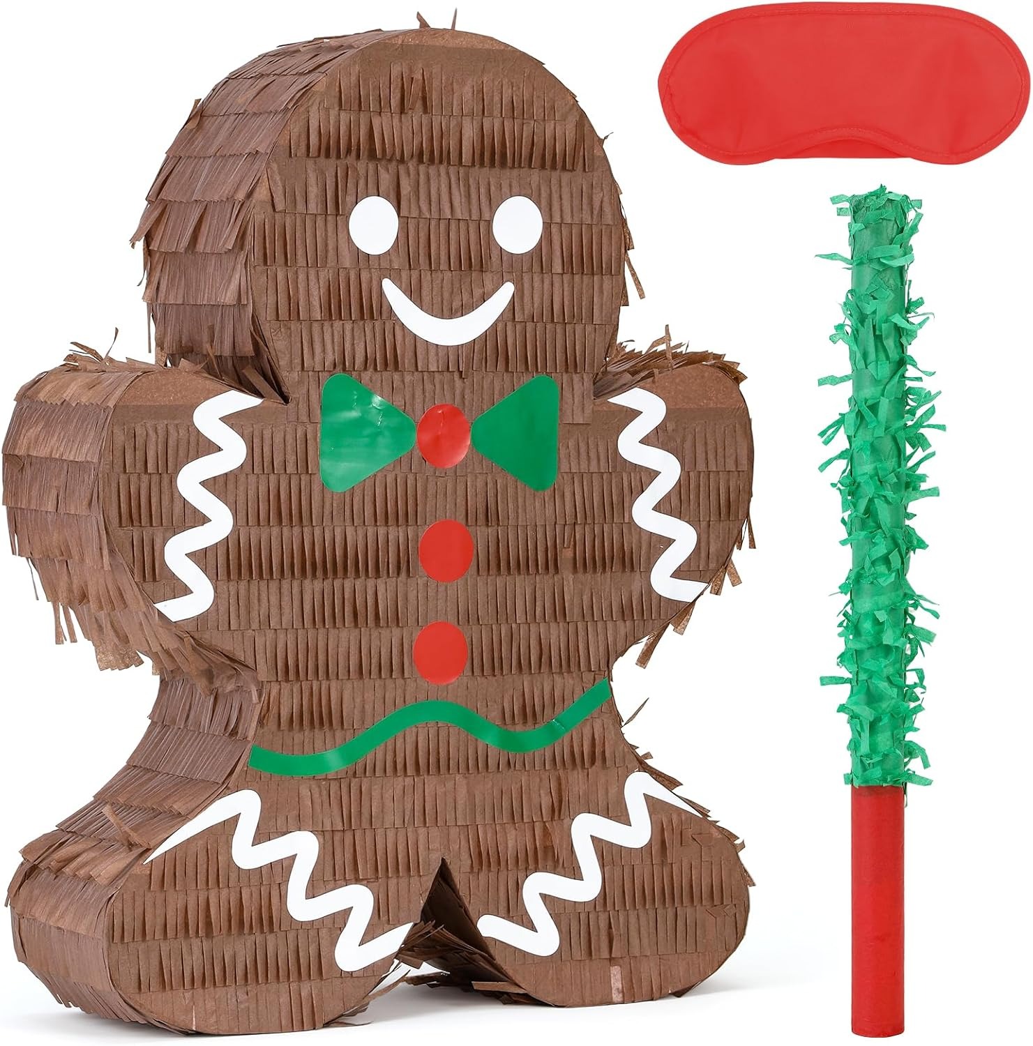 Gingerbread Man Christmas Pinata with Stick & Blindfold – Kids Party Game Decoration