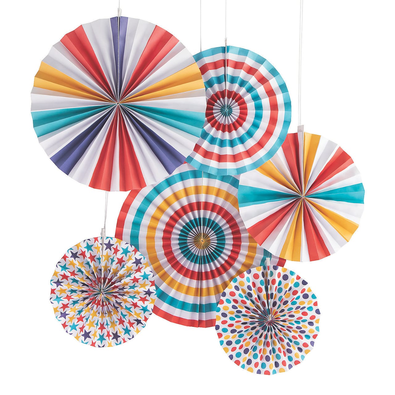 Multicolor Printed Paper Fan Decoration Set – Star & Polka Dot Hanging Rosettes