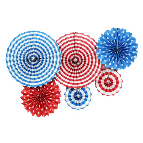 Red Blue Theme Paper Fan Decoration Set – Striped & Polka Dot Hanging Rosettes