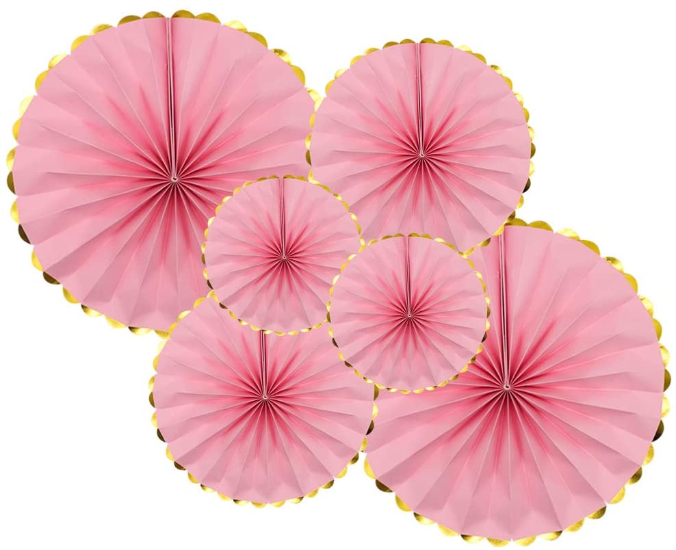 Premium Gold Rim Paper Fan Decoration Set – Sky Blue / Baby Pink Hanging Rosettes for Birthday, Baby Shower & Wedding Backdrop