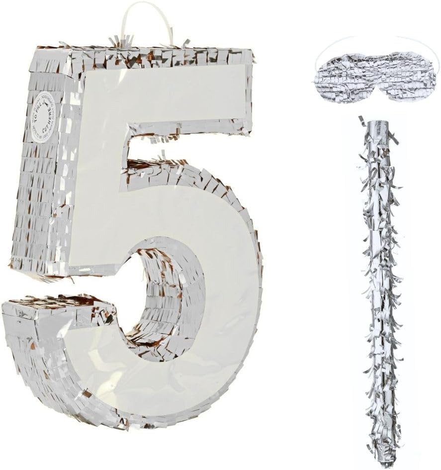 Silver Number Pinata with Stick & Blindfold for Birthday Party Decoration (0–9)