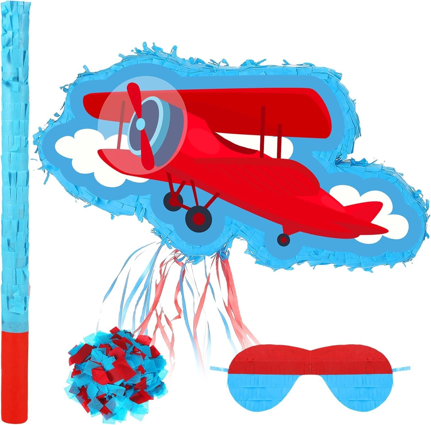 Airplane Pinata Party Decoration with Stick & Blindfold for Kids Birthday & Aviation Theme Party