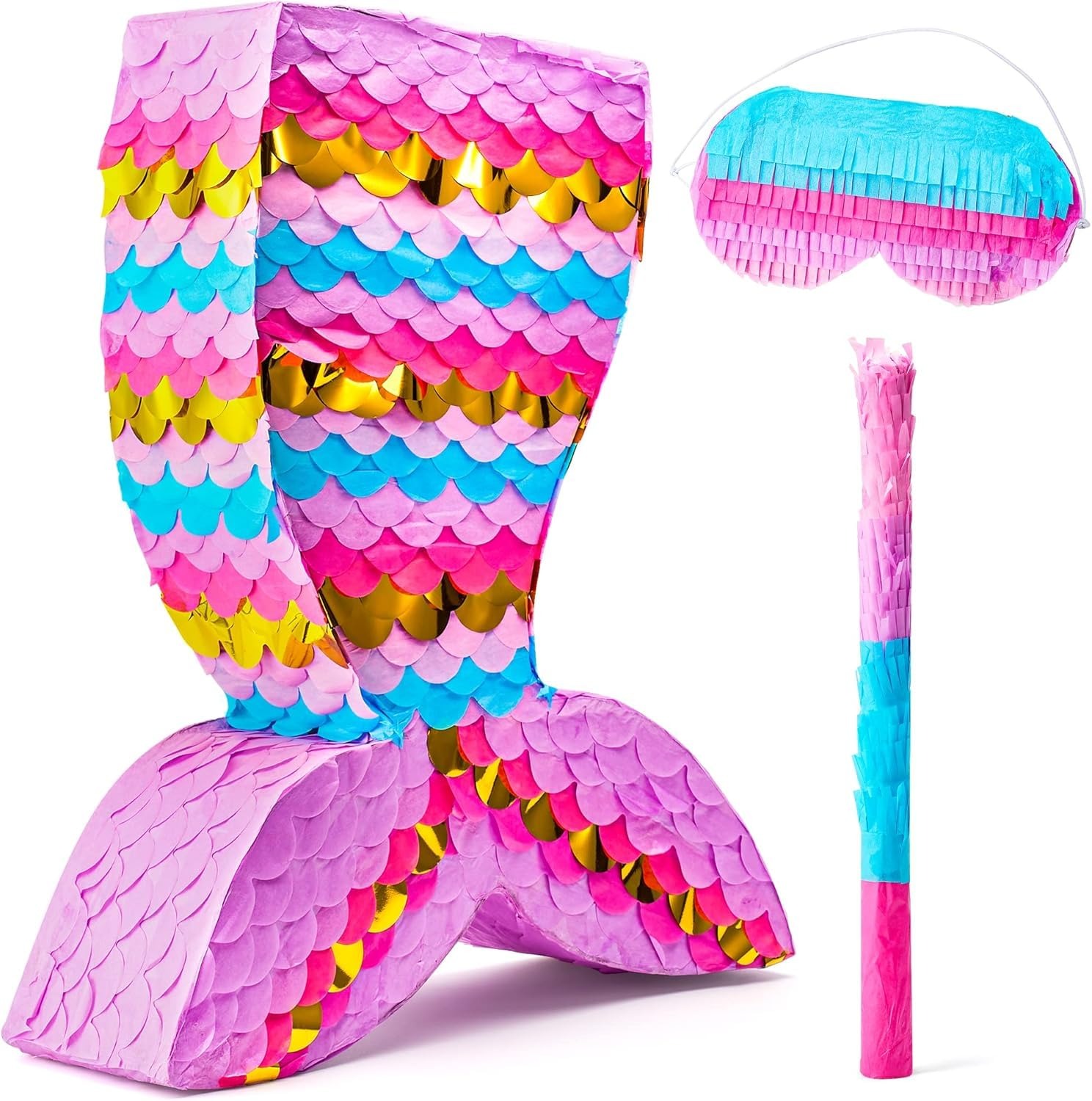 Mermaid Tail Pinata Party Decoration with Stick & Blindfold for Kids Birthday & Mermaid Theme Party