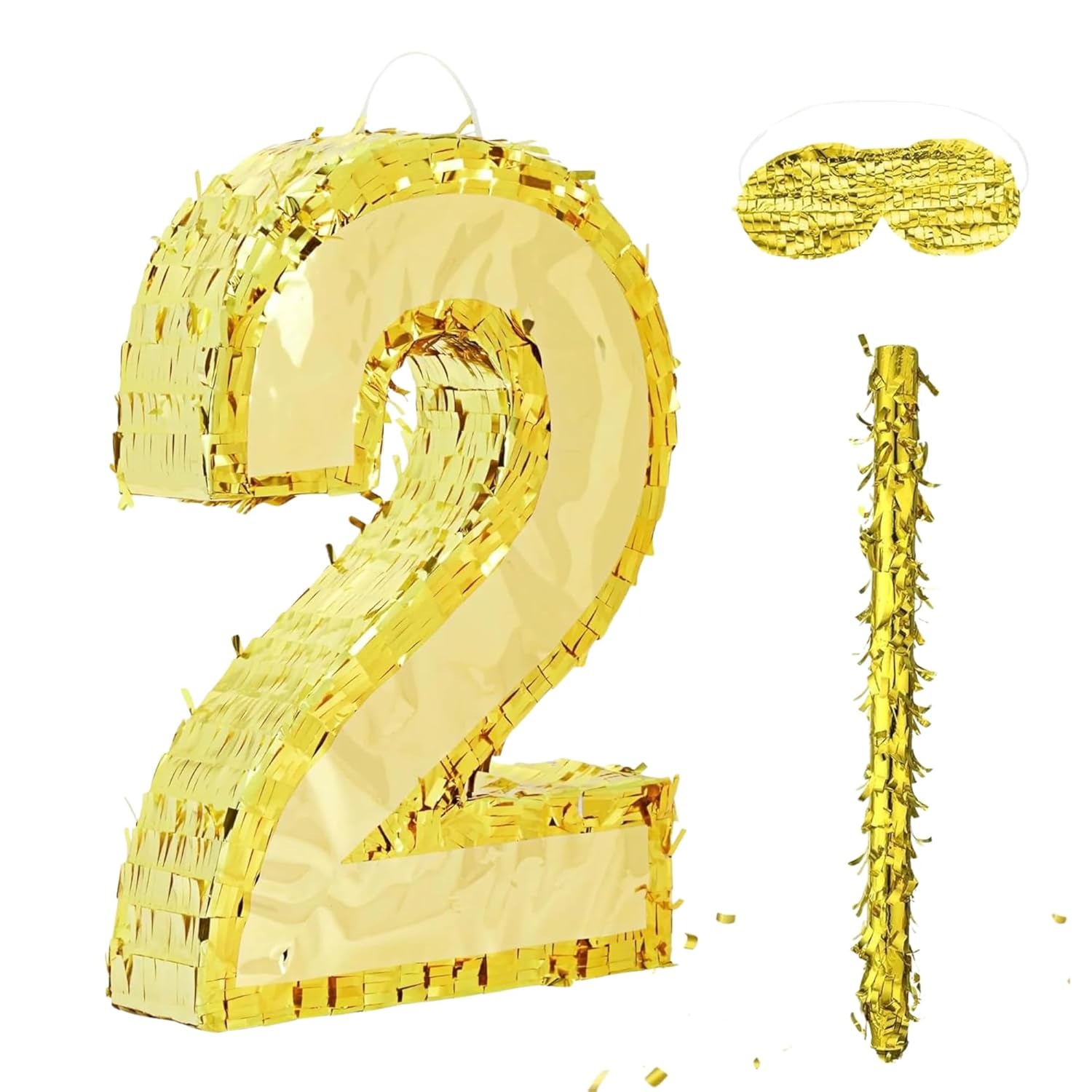 Gold Number 2 Pinata with Stick & Blindfold for Birthday Party Decoration
