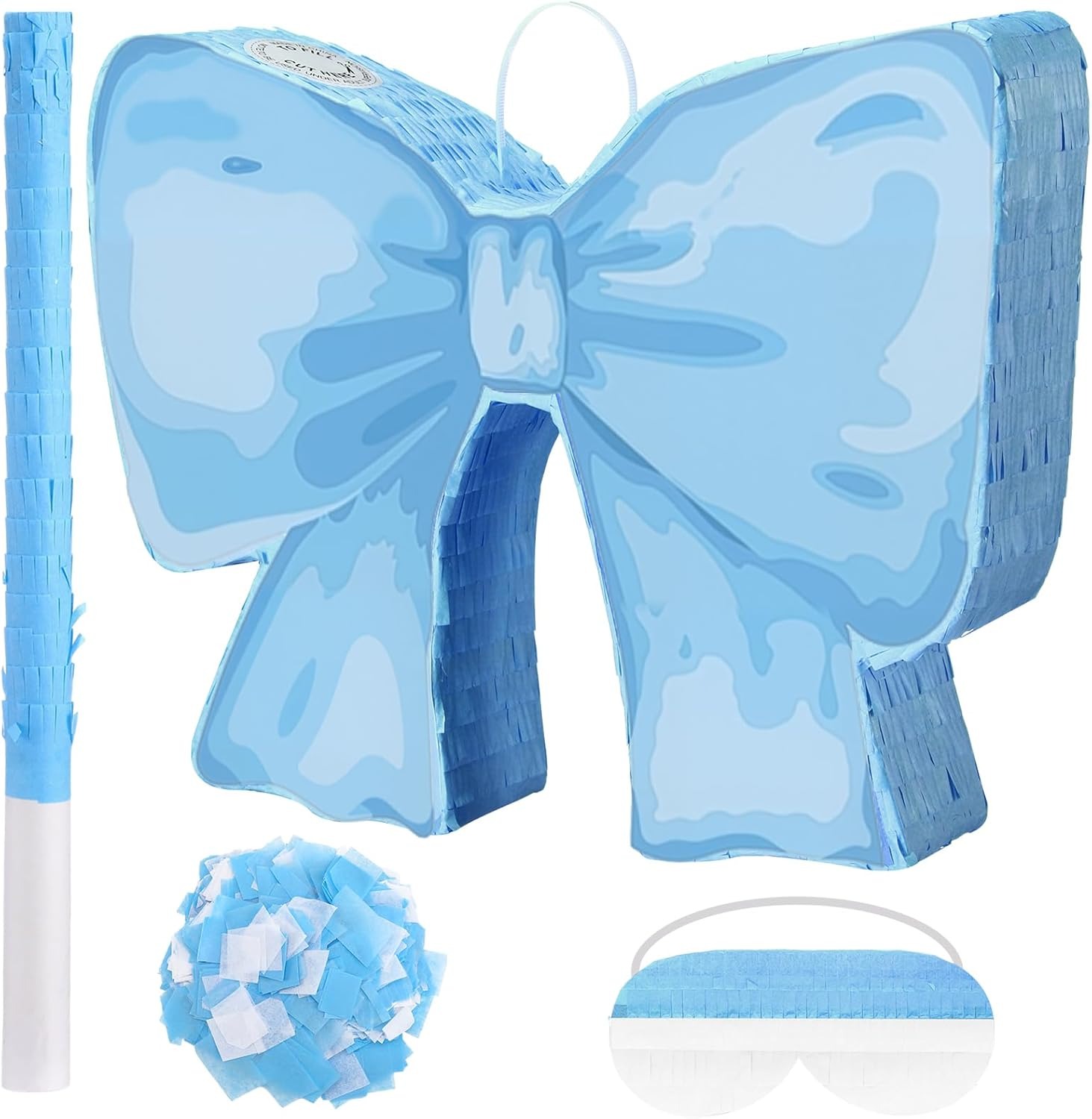 Bow Shape Pinata with Stick, Confetti & Blindfold for Birthday Party Decoration (Pink/Blue)