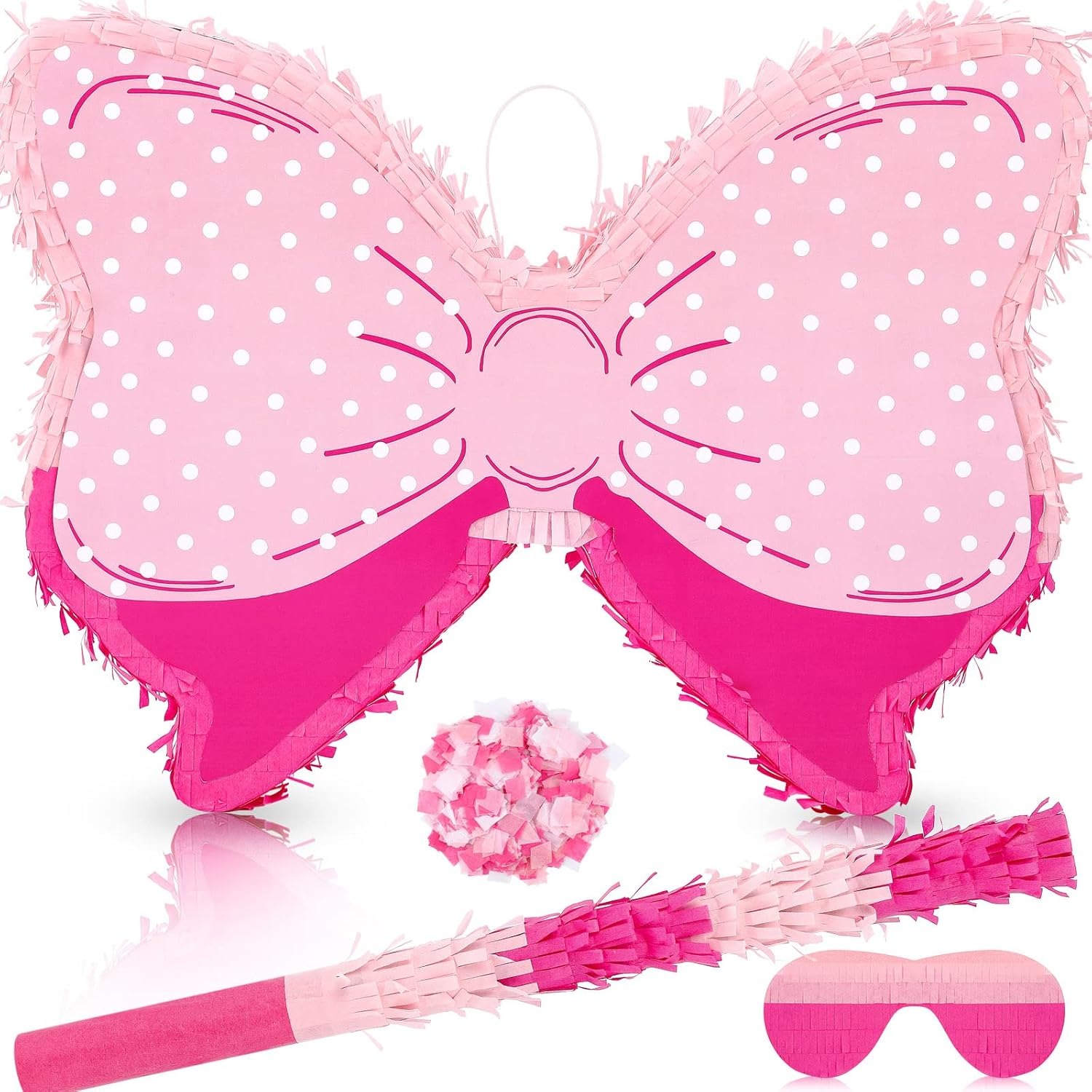 Pink Polka Dot Bow Pinata with Stick, Confetti & Blindfold for Girls Birthday Party Decoration