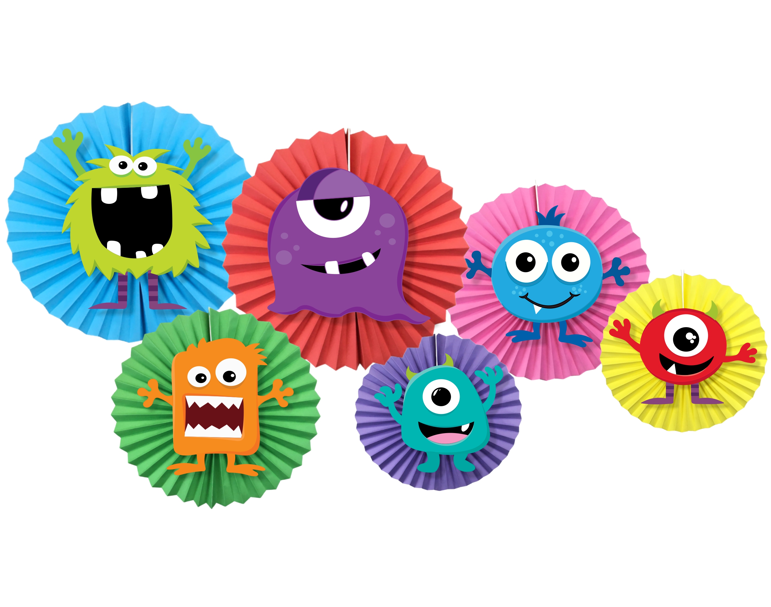 Monster Theme Paper Fan Decoration Set of 6 – Cute Monster Birthday Party Hanging Fans for Kids Party, Baby Shower & Backdrop Decoration