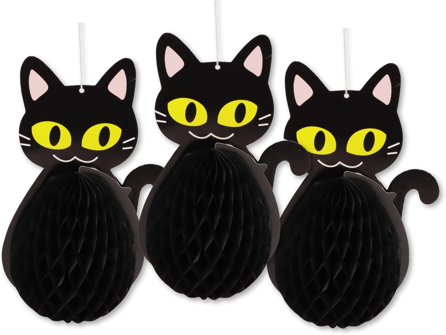 Black Cat Honeycomb Hanging Decoration Set of 3 – Halloween Party Hanging Decor, Cat Theme Birthday Decoration, Paper Honeycomb Party Decoration
