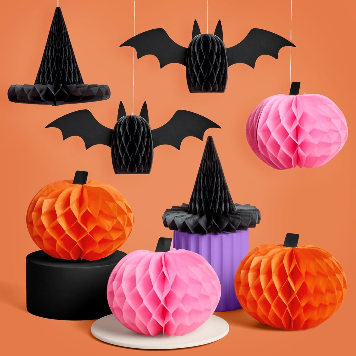Halloween Honeycomb Hanging Decoration Set – Pumpkin, Bat & Witch Hat Paper Decorations for Halloween Party, Spooky Theme Birthday & Home Decor