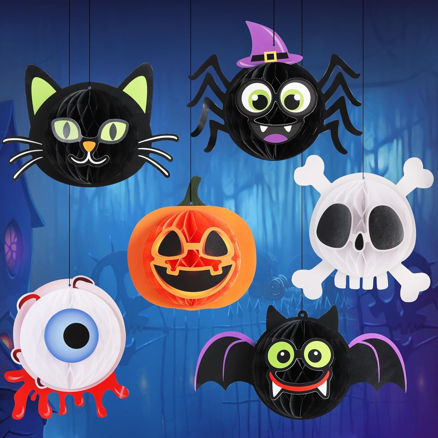 Halloween Honeycomb Hanging Decoration Set – Pumpkin, Bat, Spider, Cat, Skull & Eyeball Paper Decorations for Halloween Party Decor