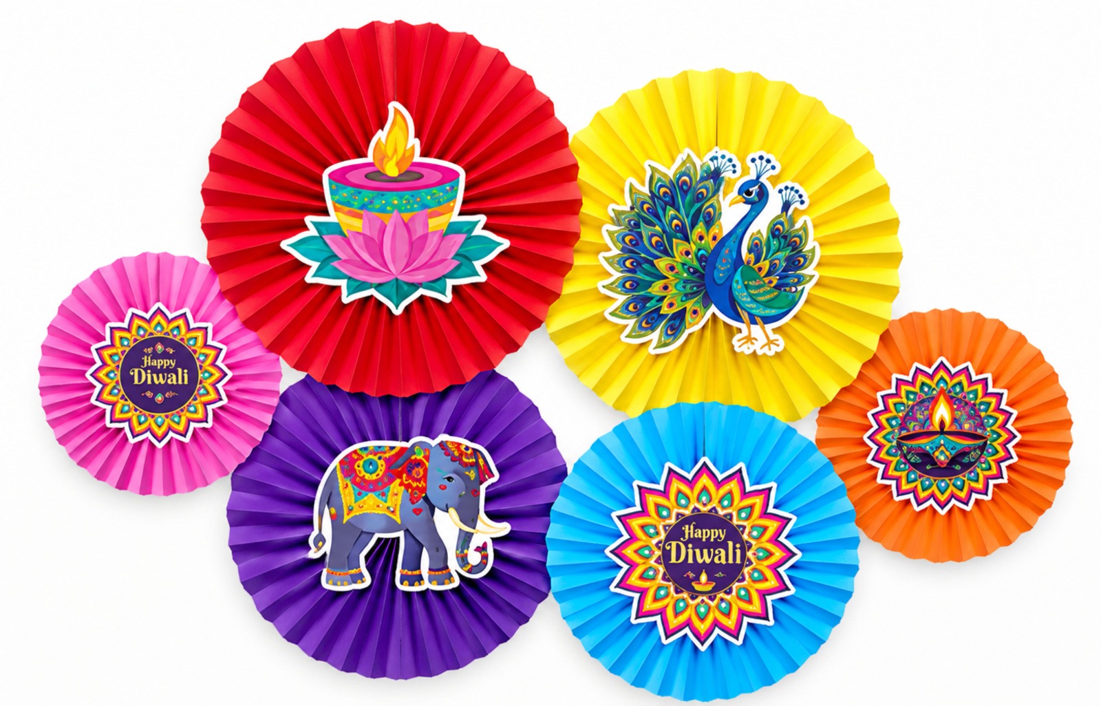 Diwali Paper Fan Decoration Set with Stickers – 6 Pieces Wholesale Manufacturer
