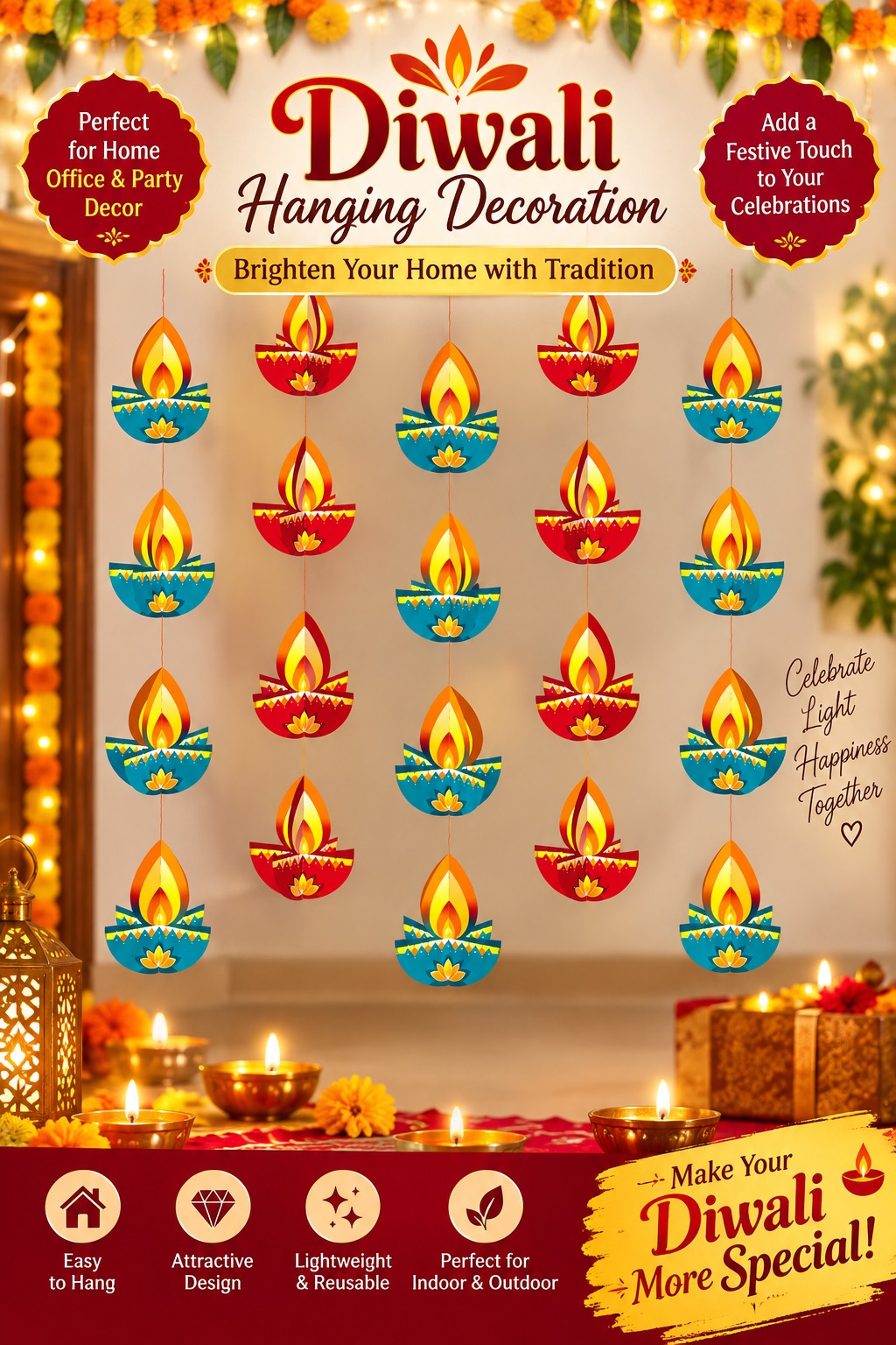 3D Paper Diya Hanging Decoration