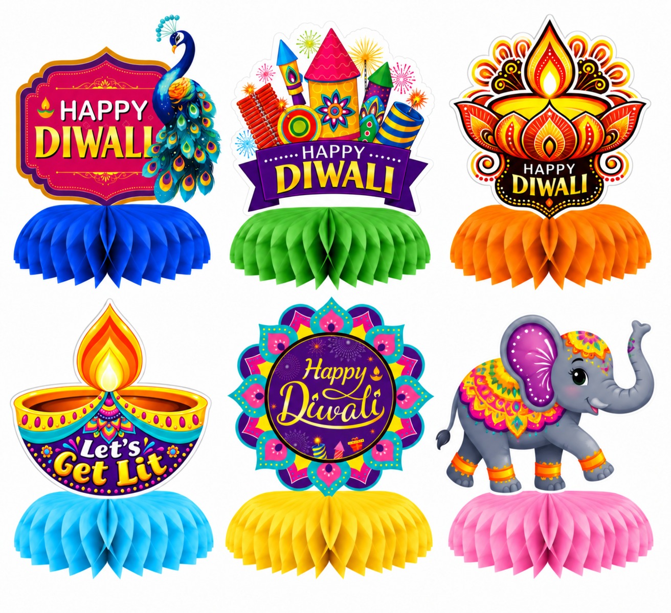 Diwali Honeycomb Table Topper Decorations Set of 6 – Happy Diwali Paper Centerpieces for Home, Table, Party & Festive Decor
