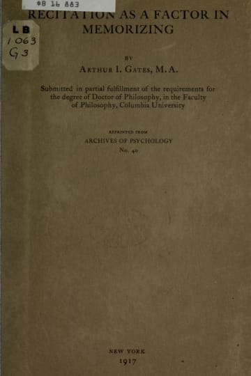 Cover of Recitation as a factor in memorizing