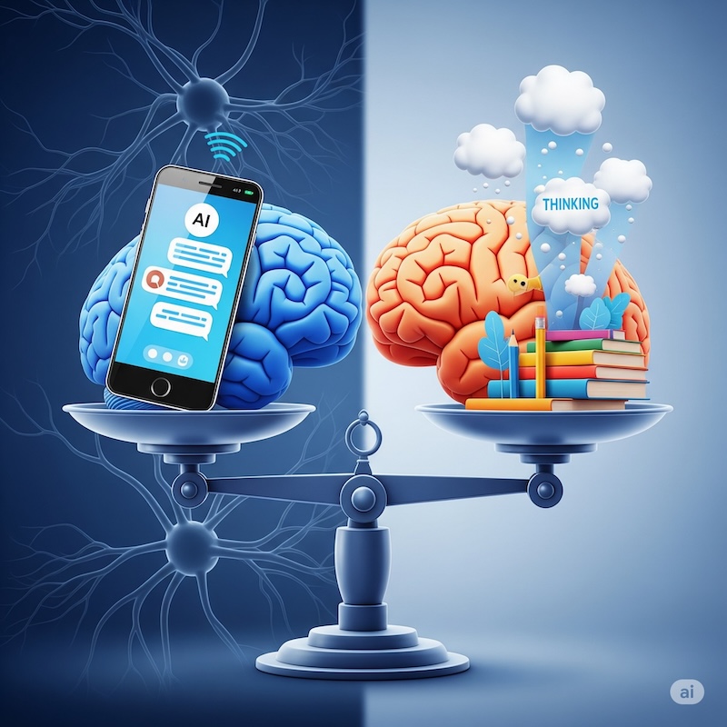 Visual representation of cognitive debt from AI writing tools affecting brain function