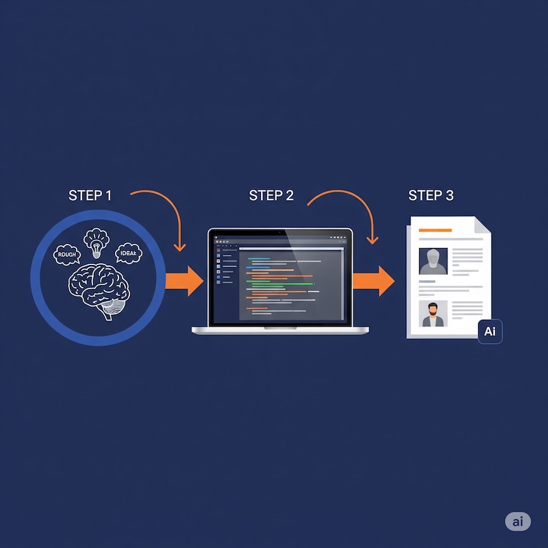 Three-step Brain-to-AI writing process diagram for strategic AI use
