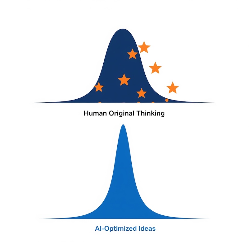 Chart comparing idea distribution between AI-optimized and human original thinking