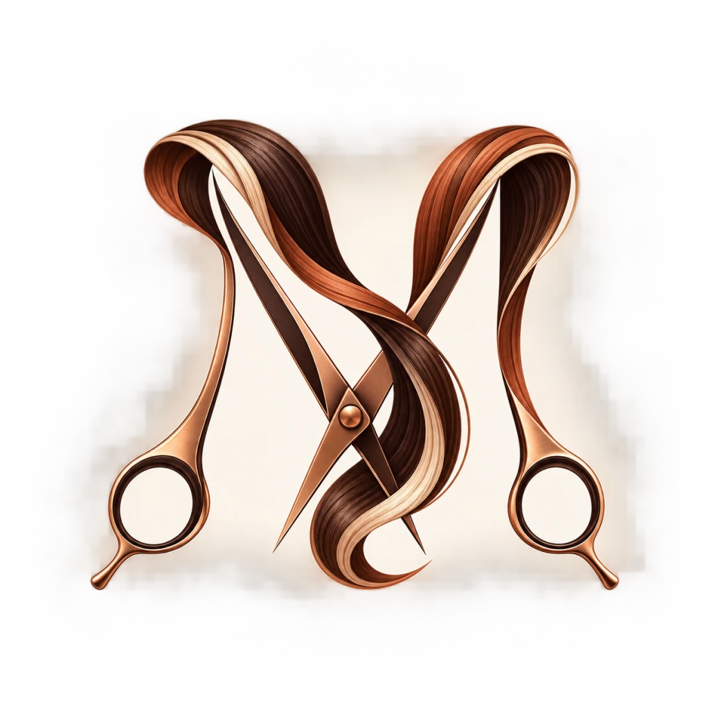 Emblema abstrato com tesouras e mecha de cabelo