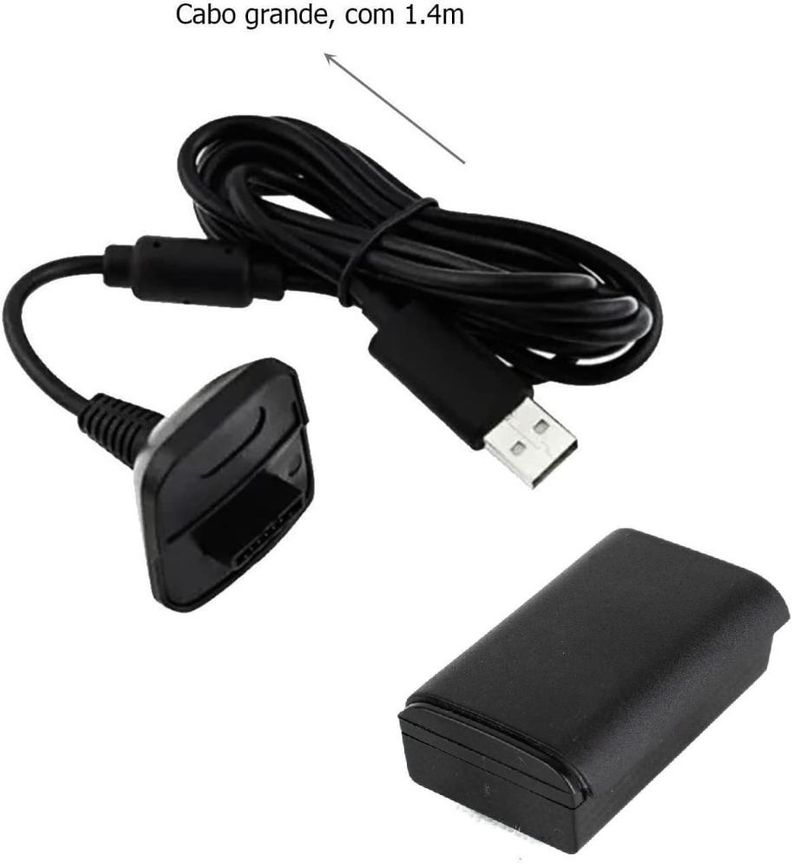 Bateria e cabo para controle Xbox 360 usados como referência visual do item vendido pela Centro Mega