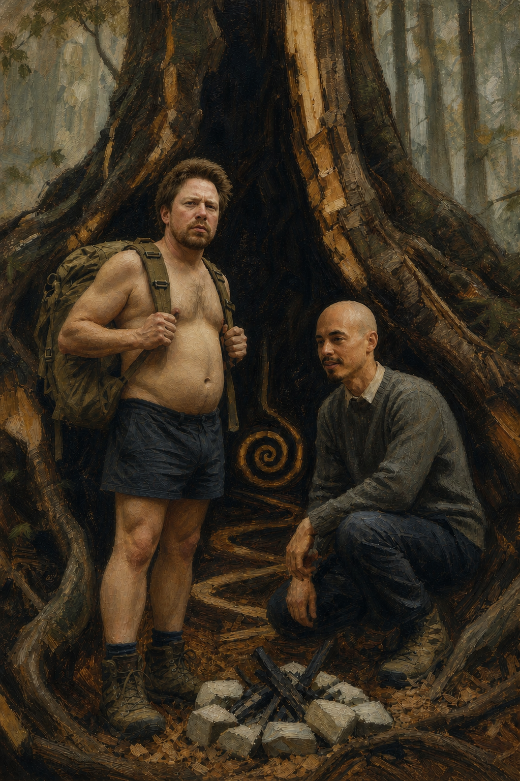 The hollow at the base of an old beech in the Greywood — the wayfinder symbol pressed into the curved interior wall, fire ring still warm.
