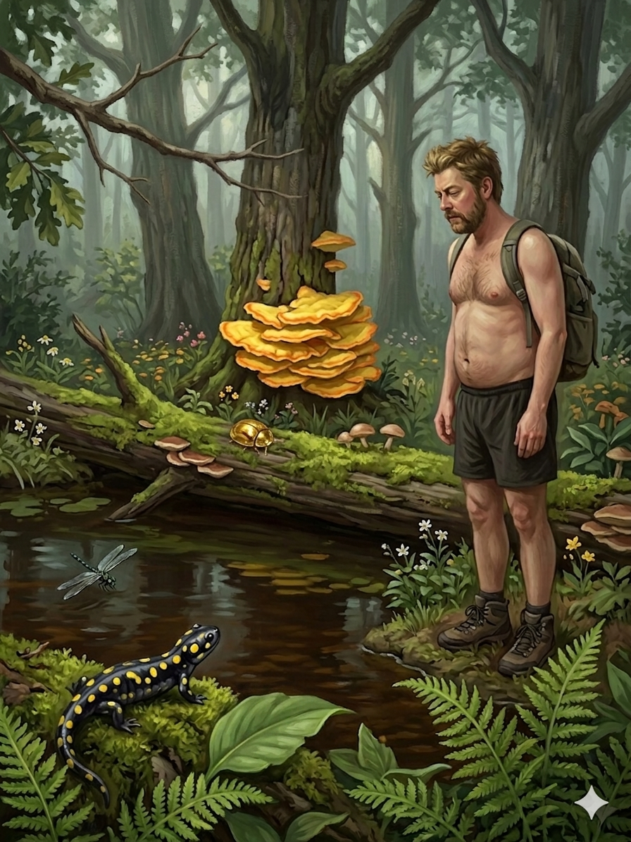 A still pond in the Greywood, dark with tannins, a fallen log half-submerged at the bank.