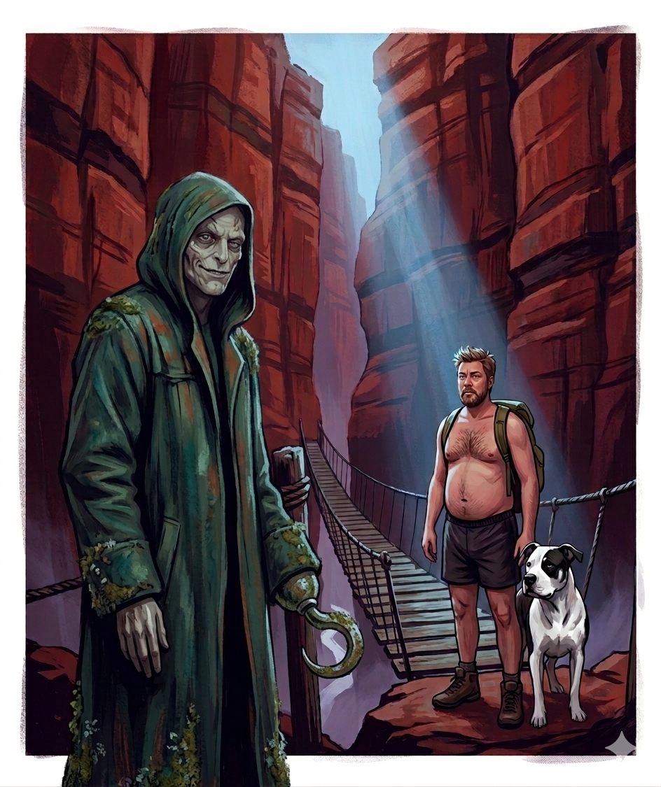 The rope bridge at the Hollow Pass, Aldric standing at the threshold.