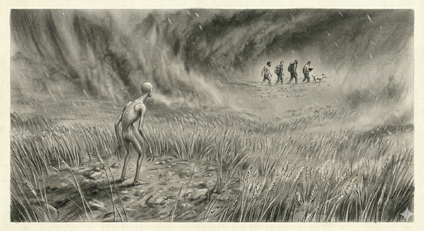The Ashfields under falling ash — the road emerging from the grey.