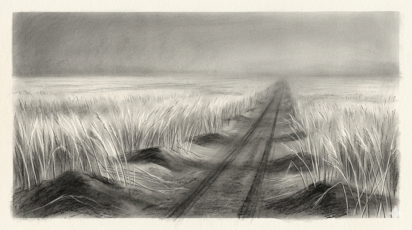 The Ashfields — grey stalks, wet ash, the road continuing.