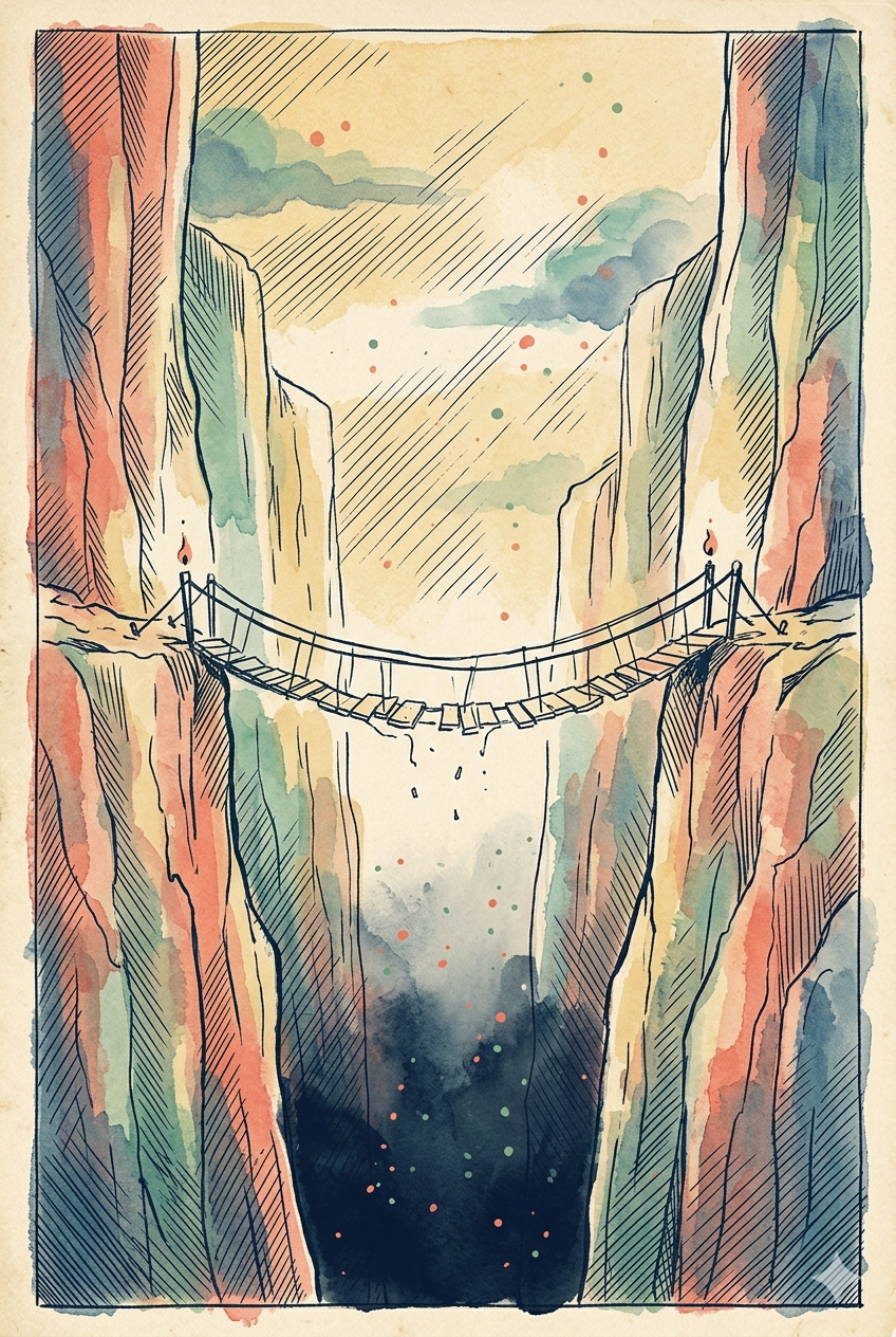 The bridge at the Forgetting — the far end lost in blue distance.