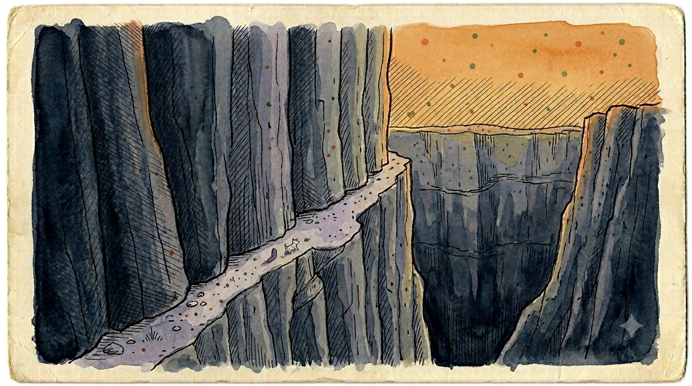 The ledge road along the gorge wall — Stevie leading the way.