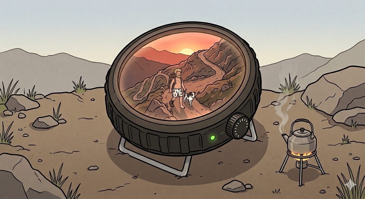 The watcher's camp at the summit — the Rest survey terminal on its stand, its screen dark, angled down at the road Chip climbed.