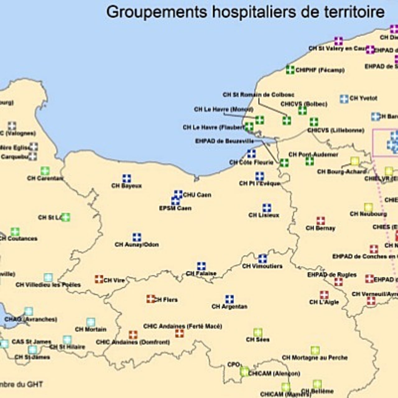 Les 56 établissements publics de santé et les 11 ESMS répartis dans les GHT