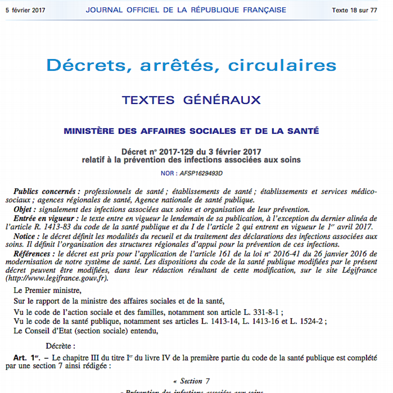 Décret n° 2017-129 du 3 février 2017 relatif à la prévention des infections associées aux soins