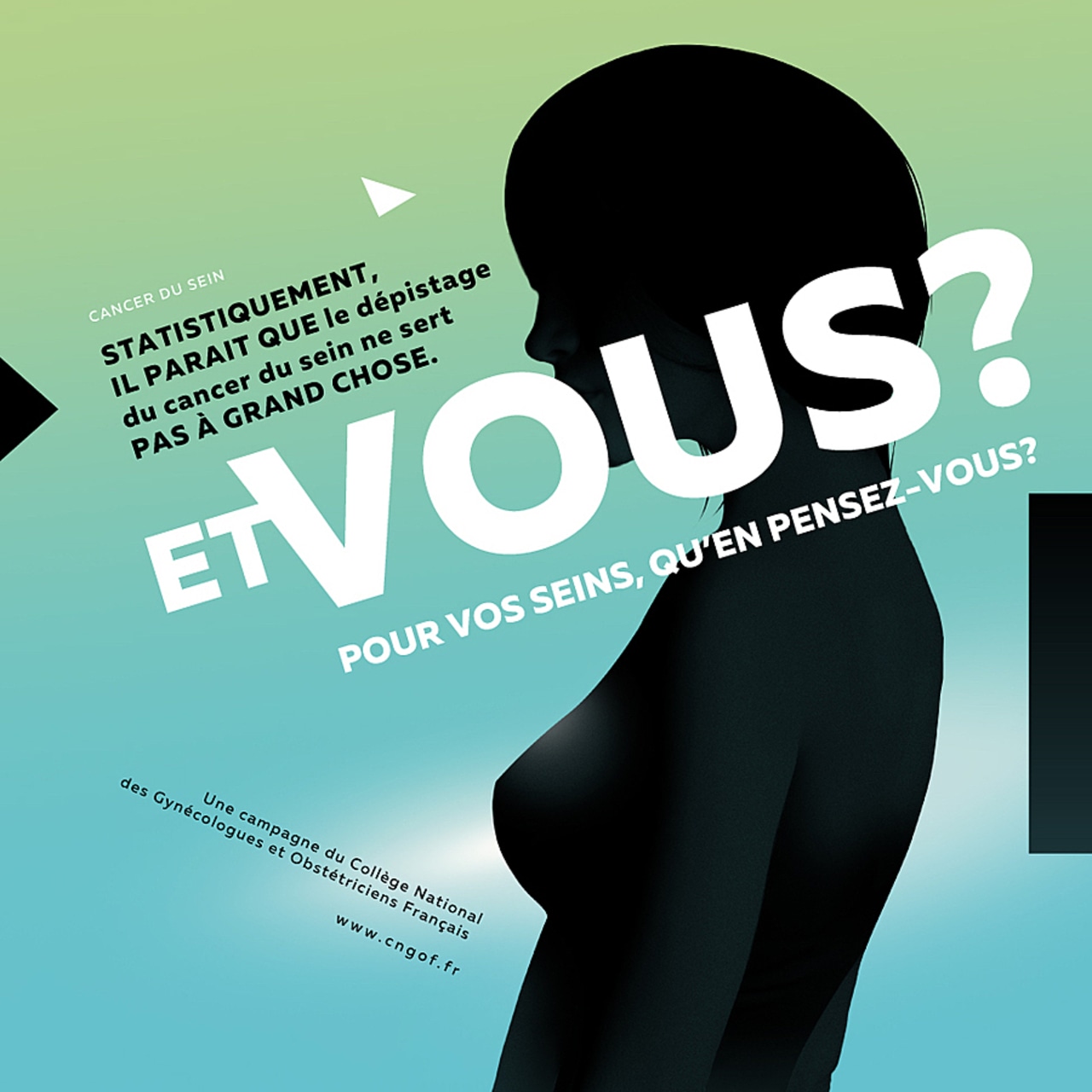 Le visuel de la campagne du CNGOF questionne : "Statistiquement, il paraît que le dépistage du cancer du sein ne sert pas à grand-chose. Et vous, pour vos seins, qu'en pensez-vous ?"