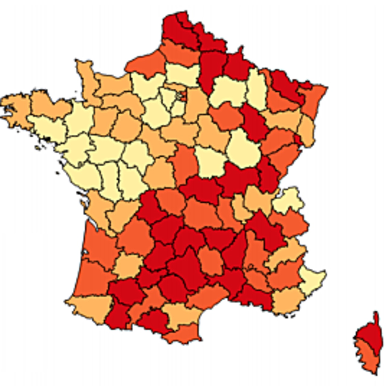 Les données recueillies par la Drees attestent d'un fort niveau d'incapacité sur les départements situés dans le Nord et le Nord‐Est, dans la moitié Sud de la France et dans les départements d'outre‐mer.