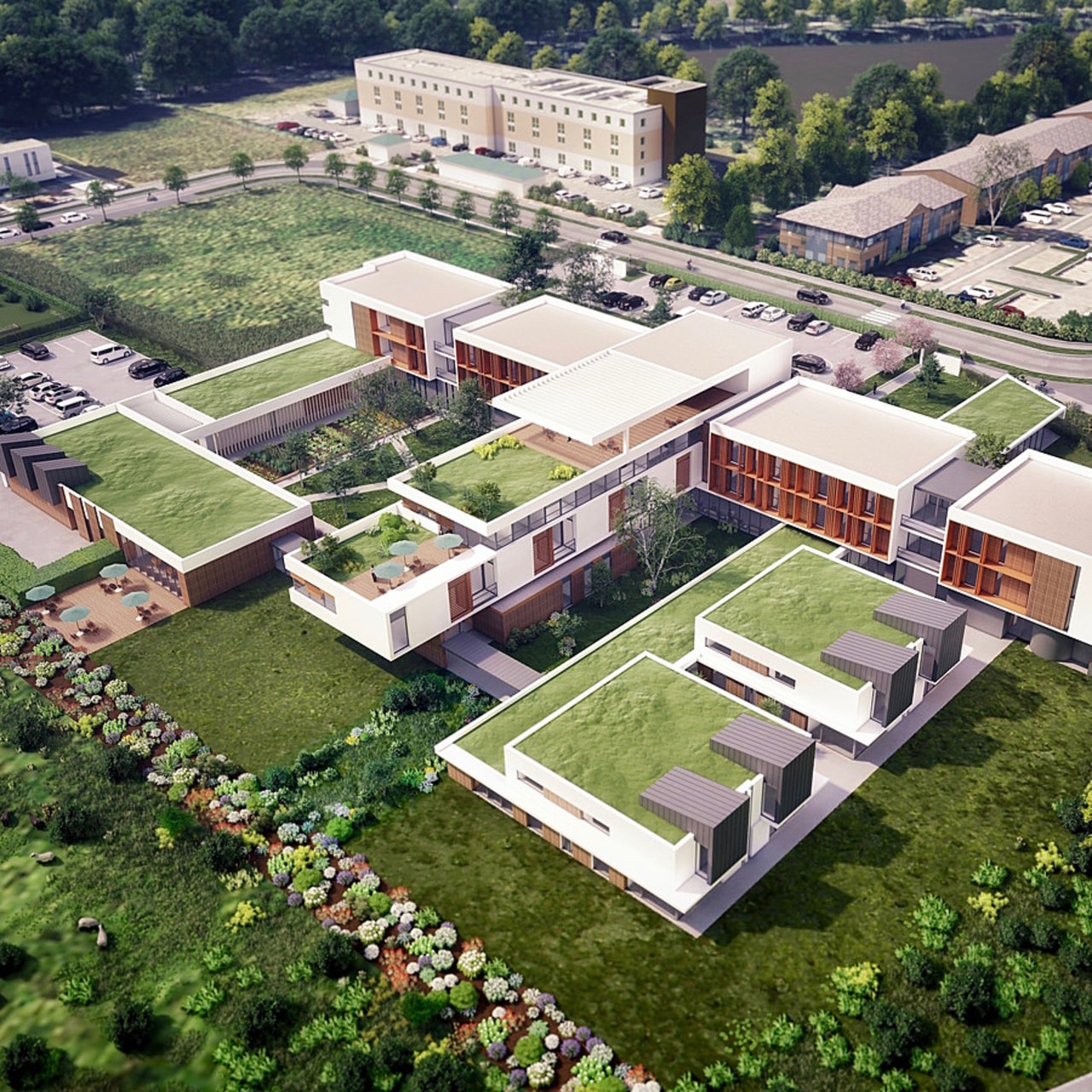 Signé par le cabinet d'architectes Lazo & Mure, le futur ensemble psychiatrique situé à Savigny-le-Temple couvrira 6 400 m2 et mixera de l'hospitalisation complète,  un hôpital de jour et un centre de postcure. (Lazo&Mure/Sébastien Regall)